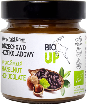Słoik wegańskiego kremu orzechowo-czekoladowego Bio Up, etykieta z orzechami, kakao i logiem jelenia, widok przód.