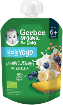 Zielona saszetka Gerber Organic Hello Yogo, banan-borówka z płatkami, bez cukru, dla niemowląt 6+ m-cy.
