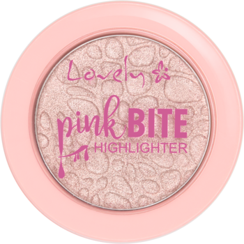Lovely Pink Bite Highlighter w okrągłym, różowym kompakcie, widok z góry. Jasnoróżowy, mieniący z napisem i kwiatkiem.