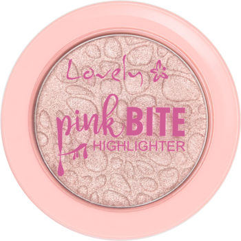 Lovely Pink Bite Highlighter w okrągłym, różowym kompakcie, widok z góry. Jasnoróżowy, mieniący z napisem i kwiatkiem.