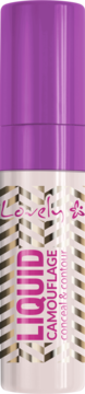 Mocno kryjący korektor Lovely Liquid Camouflage, fioletowy, biała tuba ze złotym wzorem, widok z przodu.