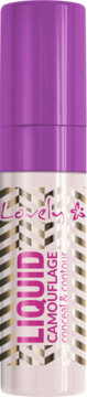 Wegański korektor Lovely Liquid Camouflage: fioletowa nakrętka, biała butelka ze złotym wzorem, conceal & contour.