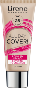 Beżowy podkład kryjący Lirene All Day Cover! Tan 25 w tubce z różowymi wzorami, srebrna zakrętka, przód.