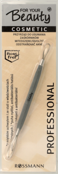 Profesjonalny przyrząd Rossmann do usuwania zaskórników, srebrny, z pętelką, w opakowaniu blistrowym.