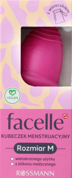 Różowy kubeczek menstruacyjny Facelle Rozmiar M, z woreczkiem, w różowo-beżowym opakowaniu z napisem VEGAN.