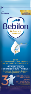 Niebieskie opakowanie mleka Bebilon Advance Pronutra+ Junior, z białym misiem i cyfrą 3, widok z przodu.