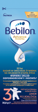 Niebieskie opakowanie mleka Bebilon Advance Pronutra 3 Junior, dla dzieci po 1 roku życia, wspiera odporność. Widok z przodu.