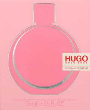 Hugo Boss Woman Extreme woda perfumowana, różowe pudełko z srebrnym obrysem flakonu, widok przód.