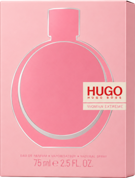 Różowe pudełko Hugo Boss Woman Extreme EDP dla kobiet, z srebrnym obrysem flakonu i logiem, widok z przodu.
