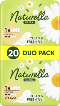 Naturella Ultra normal podpaski, duo pack 2x20 sztuk. Zielone opakowanie z rumiankami i napisem CLEAN & FRESH.