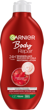 Czerwona butelka Garnier Body Repair Regenerujące Mleczko do Ciała z syropem z klonu, do bardzo suchej skóry, widok z przodu.