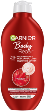 Czerwona butelka Garnier Body Repair, mleczko regenerujące z syropem klonowym, do skóry bardzo suchej.