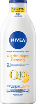 Biała butelka NIVEA Q10 Ujędrniający Balsam do ciała z witaminą C, widok z przodu, niebieska nakrętka.