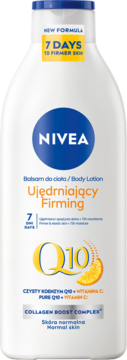 Biała butelka Nivea Q10 Firming Body Lotion z witaminą C, "7 dni do jędrniejszej skóry", widok z przodu.