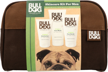 BULLDOG ,krem nawilżający 100 ml, żel do mycia twarzy 150 ml, scrub do twarzy 125 ml, kosmetyczka,przód