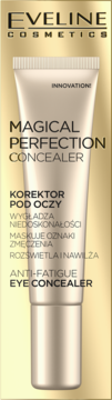 Eveline Magical Perfection Anti-Fatigue Eye Concealer w beżowej tubce, pionowo na złoto-brązowym tle.