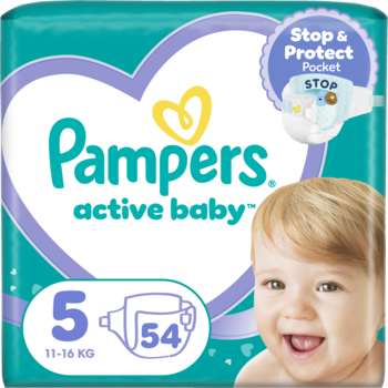 Opakowanie pieluszek Pampers Active Baby rozmiar 5 (11-16 kg) z kieszonką Stop & Protect, widok z przodu.