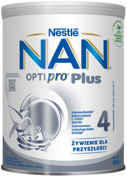 Nestle NAN OPTIPRO Plus 4, mleko modyfikowane w białej puszce z niebieskimi akcentami, widok frontalny.