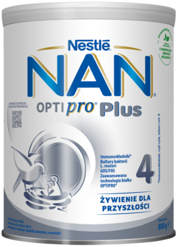 Nestle NAN OPTIPRO Plus 4, mleko modyfikowane w białej puszce z niebieskimi akcentami, widok frontalny.