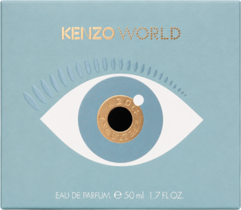 Front opakowania perfum Kenzo World 50ml, jasnoniebieskie z wytłoczonym okiem i złotymi detalami.