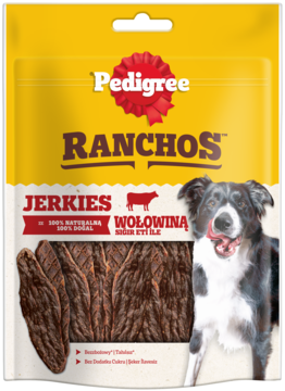 Pedigree Ranchos Jerkies Wołowina, naturalne przysmaki dla psów. Żółte opakowanie z psem, widok z przodu.