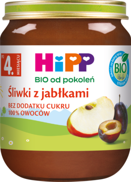 HiPP BIO przecier śliwki z jabłkami w szklanym słoiczku, etykieta z owocami, od 4. miesiąca, widok z przodu.