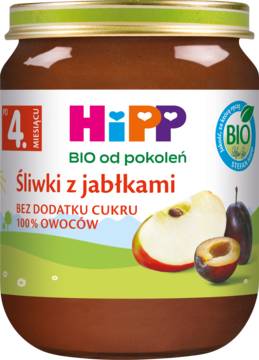 HiPP BIO przecier śliwki z jabłkami w szklanym słoiczku, etykieta z owocami, od 4. miesiąca, widok z przodu.