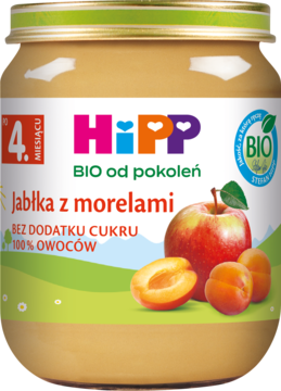 Słoik HiPP BIO Jabłka z morelami, przecier owocowy 100% owoców bez cukru, widok z przodu.