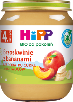 Słoiczek HiPP BIO puree brzoskwinie z bananami dla niemowląt od 4. miesiąca, bez cukru, widok z przodu.