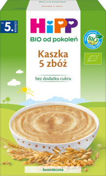 Front opakowania HiPP Kaszka 5 zbóż bezmleczna BIO, zielono-białe, z miseczką kaszki i napisem bez cukru.