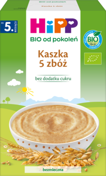 Kaszka 5 zbóż HiPP BIO bezzmleczna, bez cukru, po 5. miesiącu, zielono-białe opakowanie z miską i zbożem.