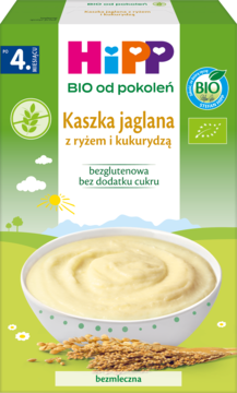 HiPP BIO Kaszka jaglana z ryżem i kukurydzą, bezglutenowa, bez cukru, bezmleczna, od 4. miesiąca, front.