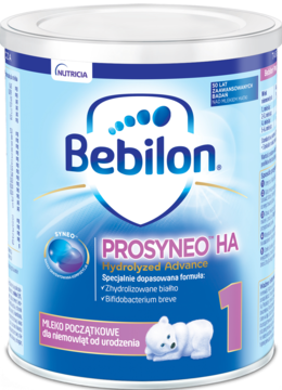 Bebilon PROSYNEO HA 1 Hydrolyzed Advance, mleko początkowe, w jasnoniebieskiej puszce z różowymi akcentami, widok z przodu.
