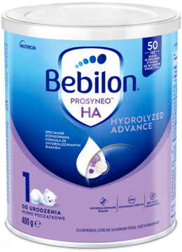 Bebilon PROSYNEO HA 1 Hydrolized Advance, mleko początkowe od urodzenia 400g. Granatowo-fioletowa puszka z białym wieczkiem, widok z przodu.