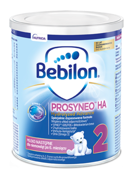 Bebilon PROSYNEO HA 2 Hydrolyzed Advance, mleko dla niemowląt po 6. miesiącu, niebieska puszka z misiem, widok z przodu.