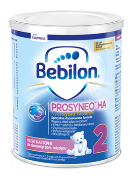 Bebilon PROSYNEO HA 2 Hydrolyzed Advance, mleko dla niemowląt po 6. miesiącu, niebieska puszka z misiem, widok z przodu.