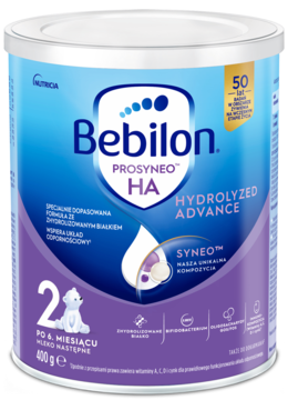 Puszka Bebilon PROSYNEO HA 2 (po 6 miesiącu), mleko następne z hydrolizowanym białkiem, widok z przodu.