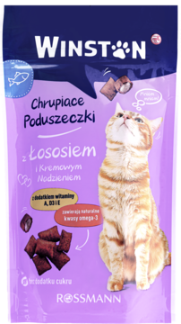 Winston, kocie chrupkie poduszeczki z łososiem. Fioletowa torebka z wizerunkiem kota i karmy, widok z przodu.