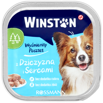 WINSTON ,karma pełnoporcjowa mokra dla dorosłych psów, z dziczyzną i sercami,przód