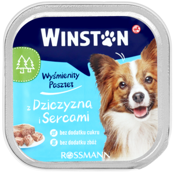 Winston karma dla psów, pasztet z dziczyzną i sercami w niebieskiej tacce, widok z przodu.