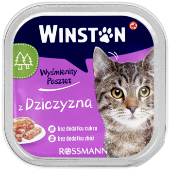 Winston karma dla kota z dziczyzną, pełnoporcjowa, bez cukru i zbóż, fioletowa tacka z kotem, widok z góry.