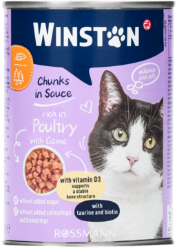 Winston Soczyste kąski, mokra karma pełnoporcjowa dla dorosłych kotów 400g, fioletowa puszka z kotem.