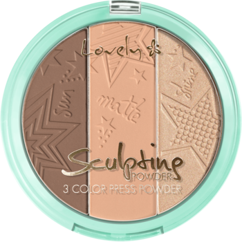 Lovely Sculpting Powder, okrągła paleta z 3 pudrami do konturowania: brąz, beż i złoto. Widok z góry.