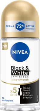 NIVEA Black & White Invisible silky smooth antyperspirant roll-on 72h, biało-czarna butelka ze złotą nakrętką.