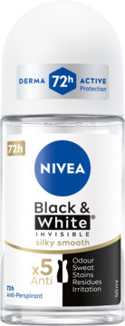 NIVEA Black & White Invisible Silky Smooth antyperspirant roll-on 72h, białe opakowanie, widok z przodu.