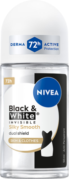 Antyperspirant Nivea Black & White Invisible Silky Smooth 50ml, roll-on w przezroczystej butelce, widok z przodu.