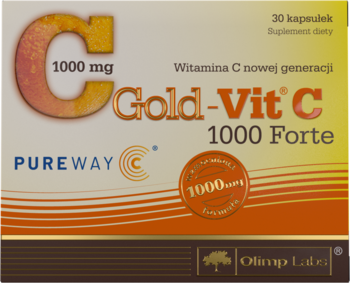 Pomarańczowo-brązowe opakowanie Gold-Vit C 1000 Forte, suplementu witaminy C 1000mg, widok z przodu.