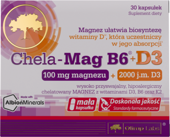 Fioletowe opakowanie suplementu Chela-Mag B6+D3, 100 mg magnezu + 2000 j.m. D3, 30 kapsułek, widok z przodu.
