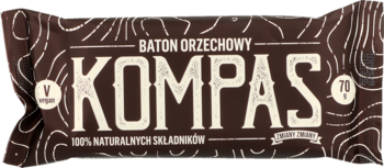 Brązowy baton orzechowy Kompas 70g w opakowaniu z białymi napisami, widok z przodu. Zawiera 100% naturalnych składników.