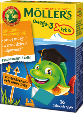 Möller's Omega-3 Rybki, suplement diety, opakowanie z rybką w czapce, pomarańczowo-cytrynowe żelki, 36 sztuk.